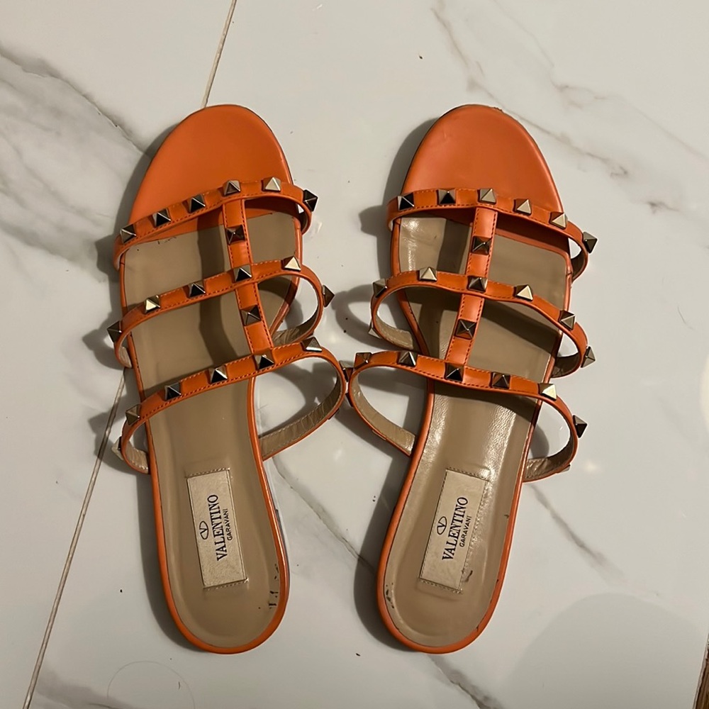 Valentino rock stud flat slide sandal in orange